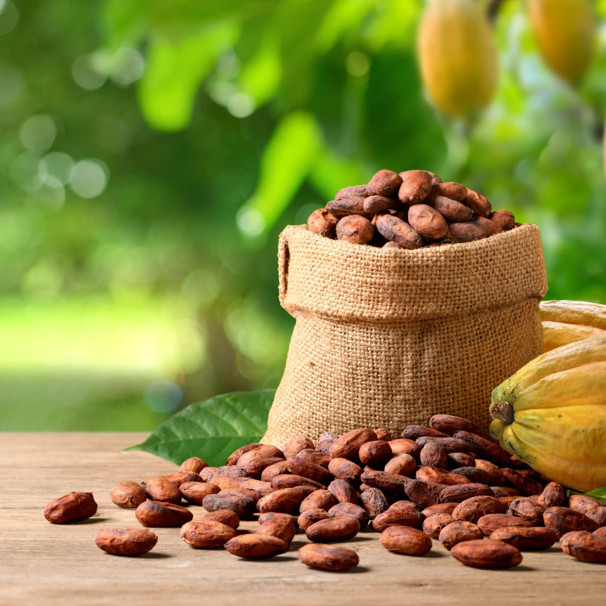 Burlap sack filled with cocoa beans on a wooden table, with fresh cacao pods and green foliage in the background